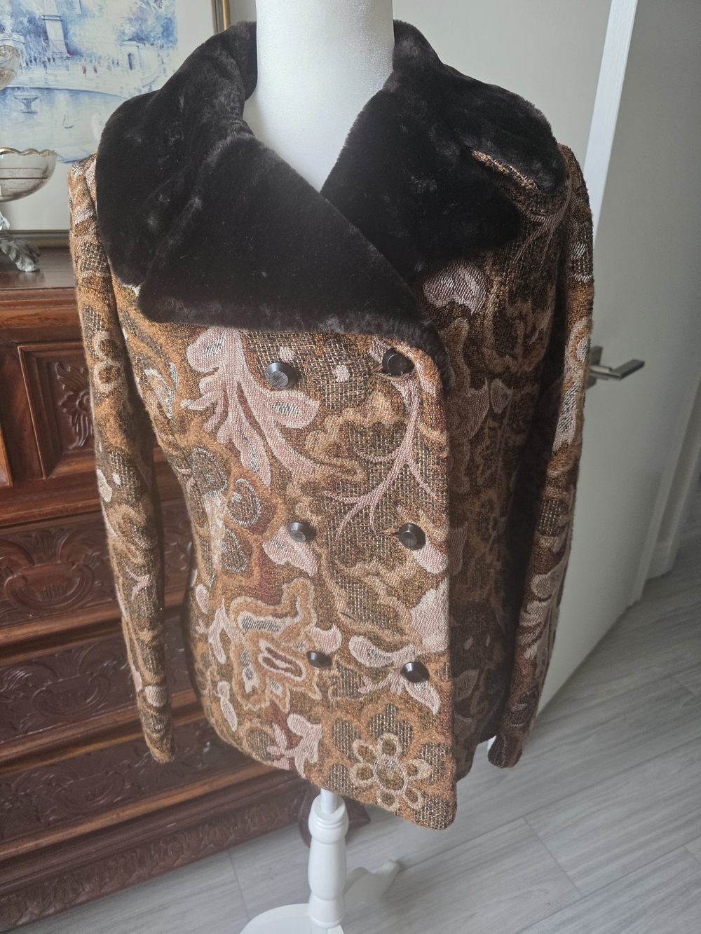 Brown Floral Double-Breasted Pea Coat with Faux Fur Collar